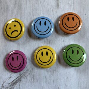 Colorful Smiley Face Pinback Button Set - Retro Happy Face Pins | Set of 6